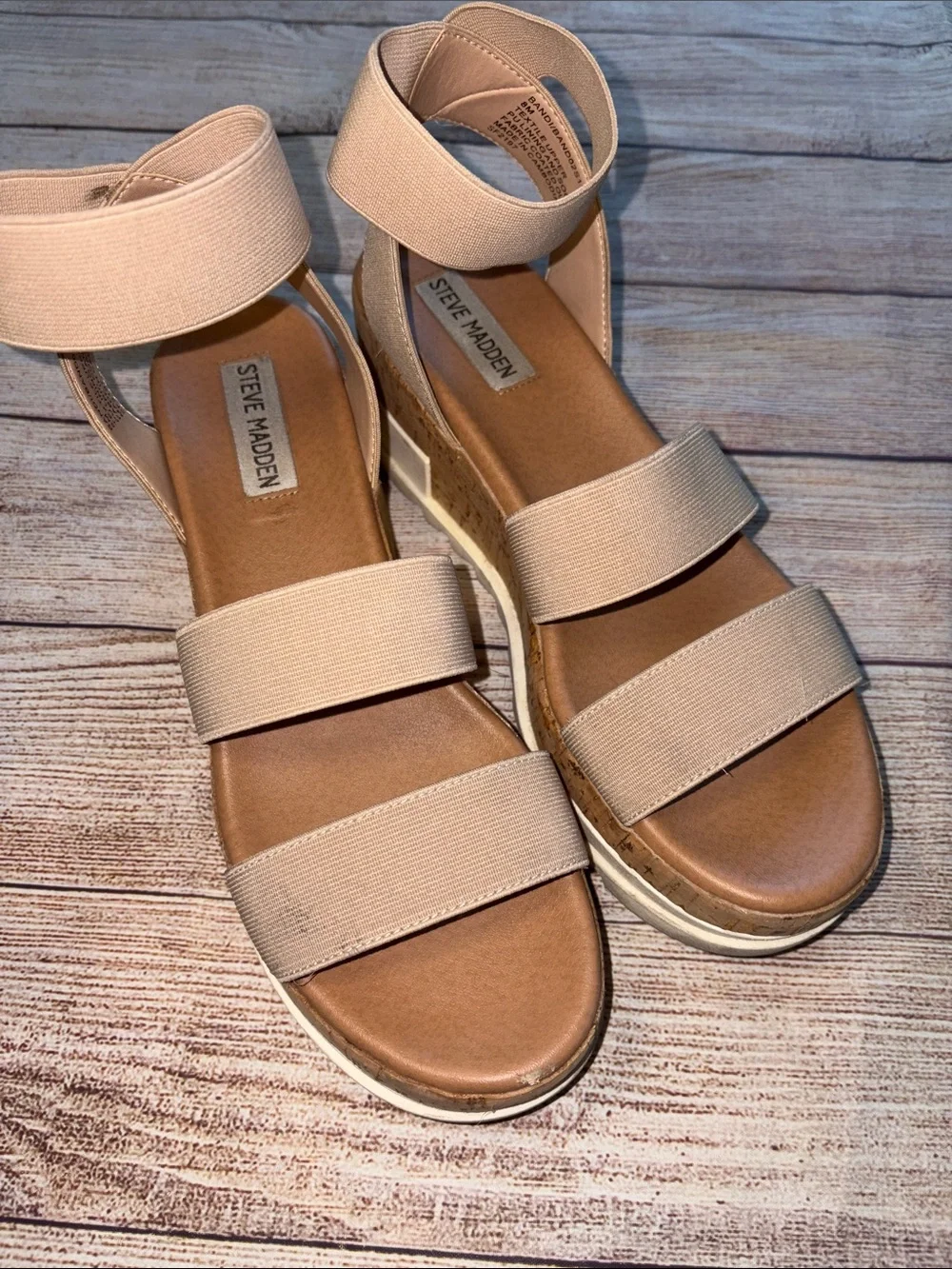 Steve Madden Beige Elastic-Strap Wedge Sandals Size 8M